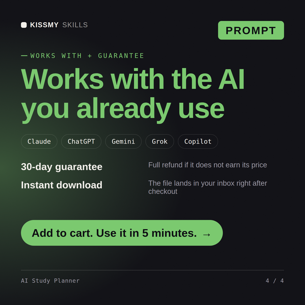 The AI Study Planner AI prompt works with Claude, ChatGPT, Gemini and any AI chat, 30-day money-back guarantee