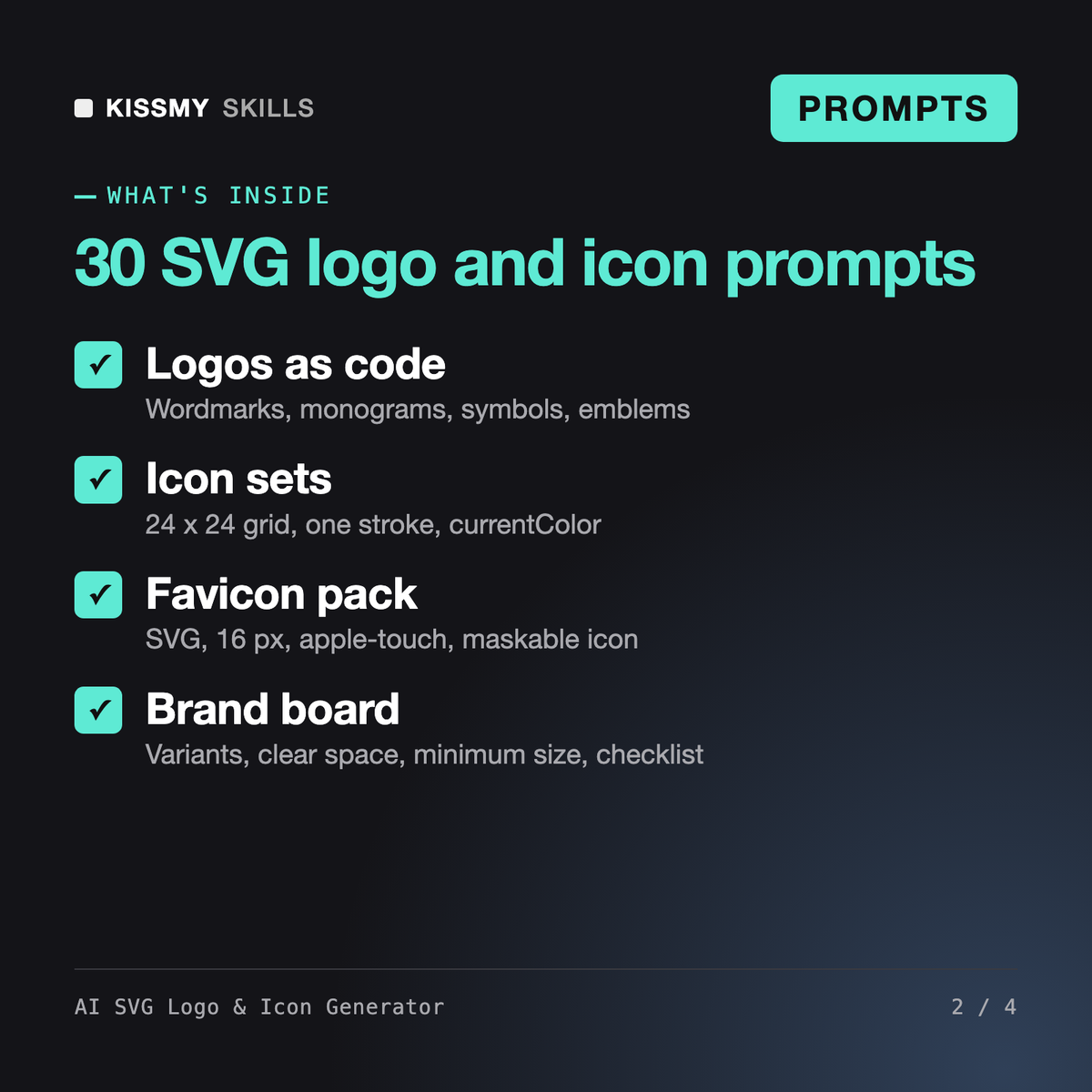 What's inside the AI SVG Logo & Icon Generator: Logos as code, Icon sets, Favicon pack, Brand board