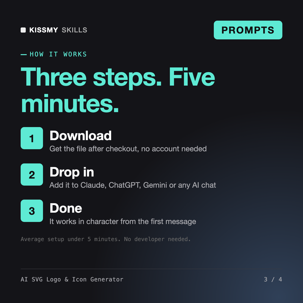 How the AI SVG Logo & Icon Generator works in three steps: download, drop it into your AI chat, done