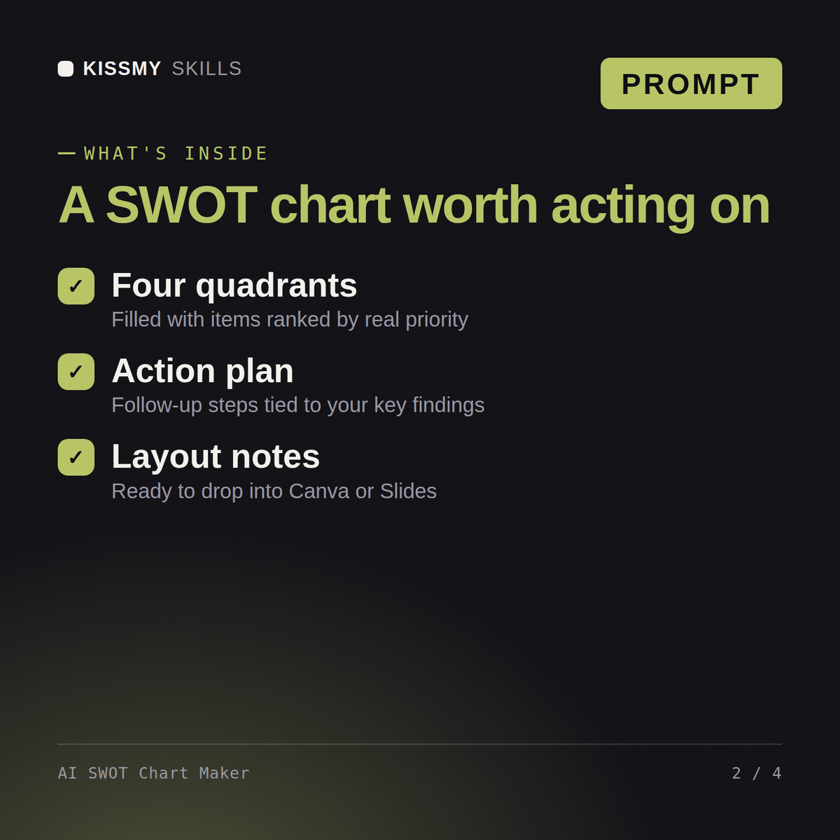 What's inside the AI SWOT Chart Maker AI prompt: Four quadrants, Action plan, Layout notes