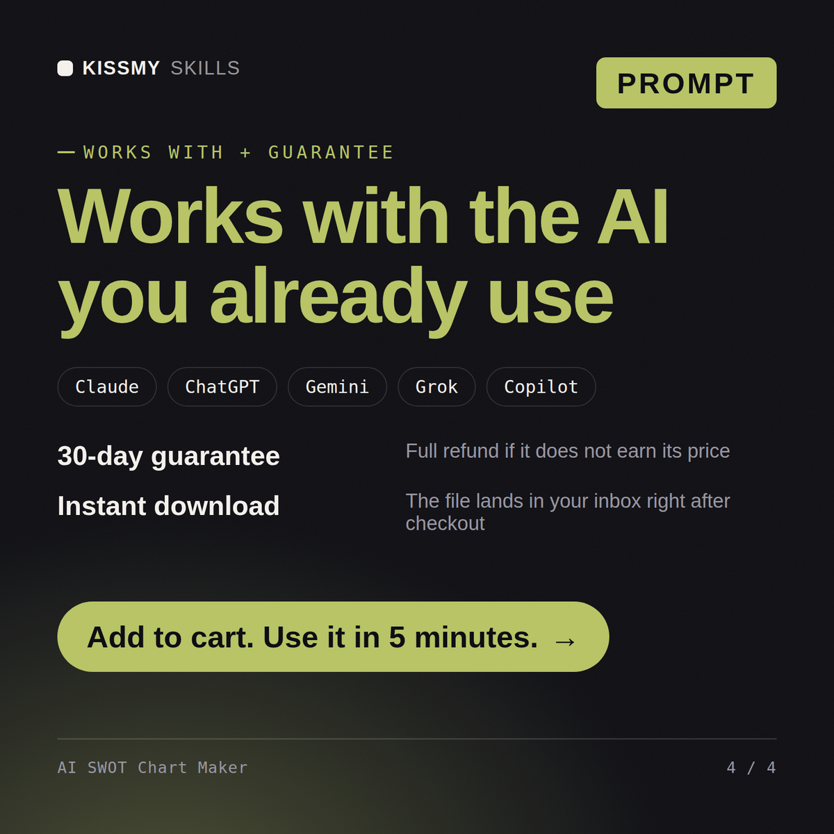 The AI SWOT Chart Maker AI prompt works with Claude, ChatGPT, Gemini and any AI chat, 30-day money-back guarantee