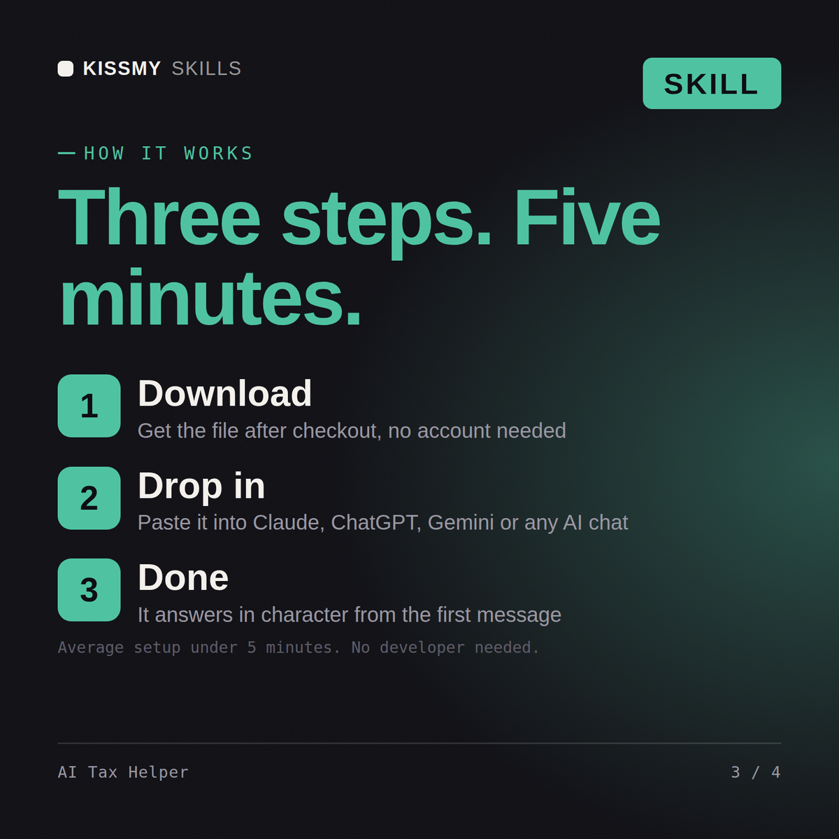 How the AI Tax Helper AI skill works in three steps: download, drop it into your AI chat, done