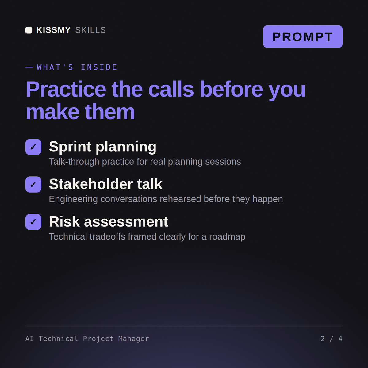 What's inside the AI Technical Project Manager AI prompt: Sprint planning, Stakeholder talk, Risk assessment