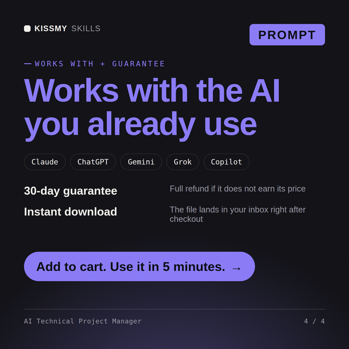 The AI Technical Project Manager AI prompt works with Claude, ChatGPT, Gemini and any AI chat, 30-day money-back guarantee