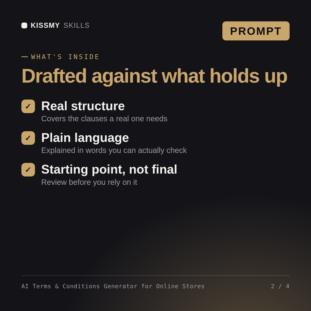 What's inside the AI Terms & Conditions Generator for Online Stores AI prompt: Real structure, Plain language, Starting point, not final
