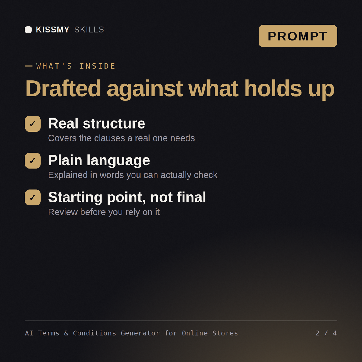 What's inside the AI Terms & Conditions Generator for Online Stores AI prompt: Real structure, Plain language, Starting point, not final