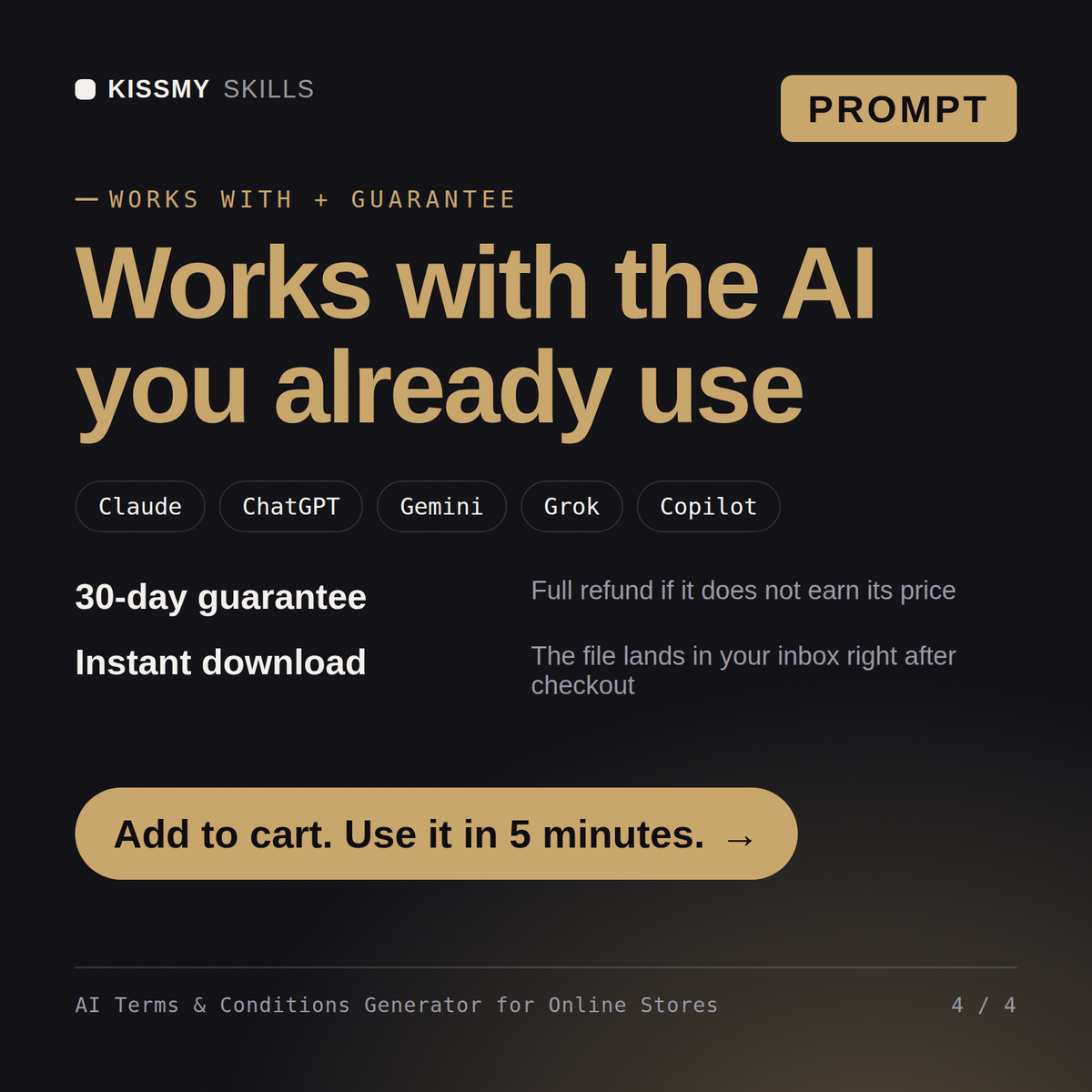The AI Terms & Conditions Generator for Online Stores AI prompt works with Claude, ChatGPT, Gemini and any AI chat, 30-day money-back guarantee