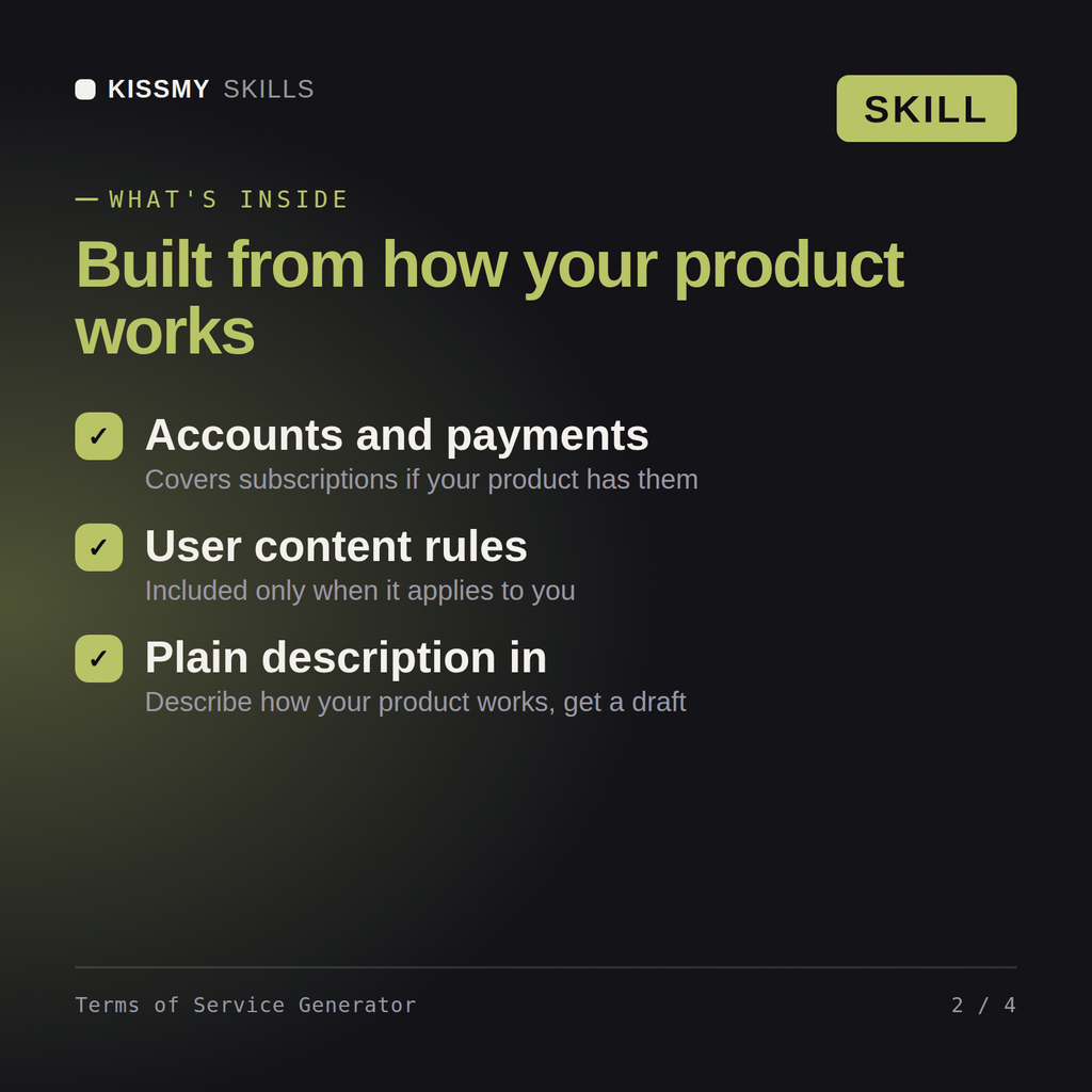 What's inside the Terms of Service Generator AI skill: Accounts and payments, User content rules, Plain description in