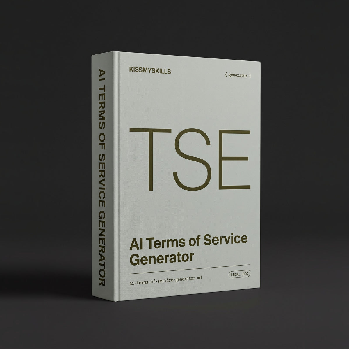 Terms of Service Generator Claude skill by KissMySkills, pale sage grey bookcloth cover with the monogram TSE