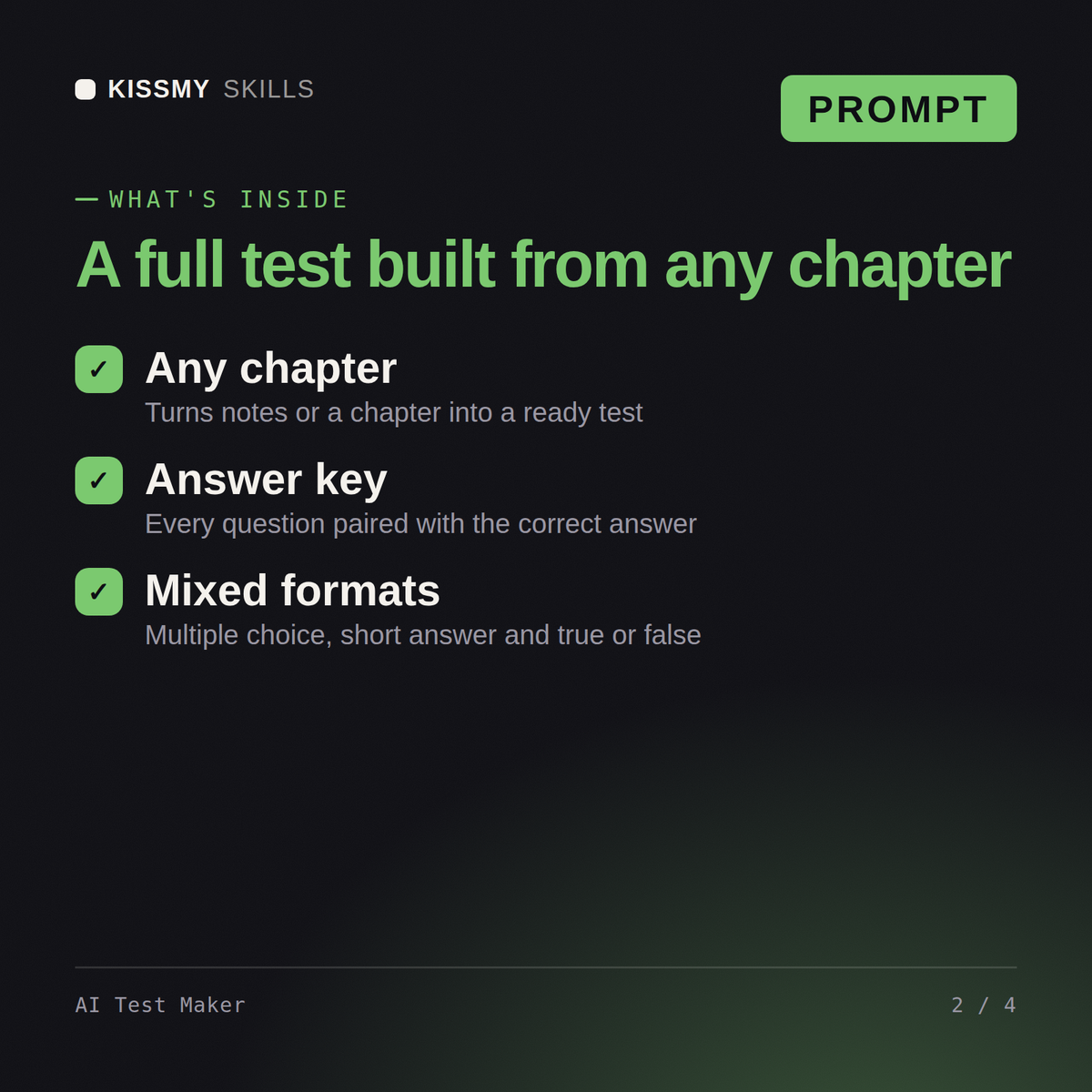 What's inside the AI Test Maker AI prompt: Any chapter, Answer key, Mixed formats