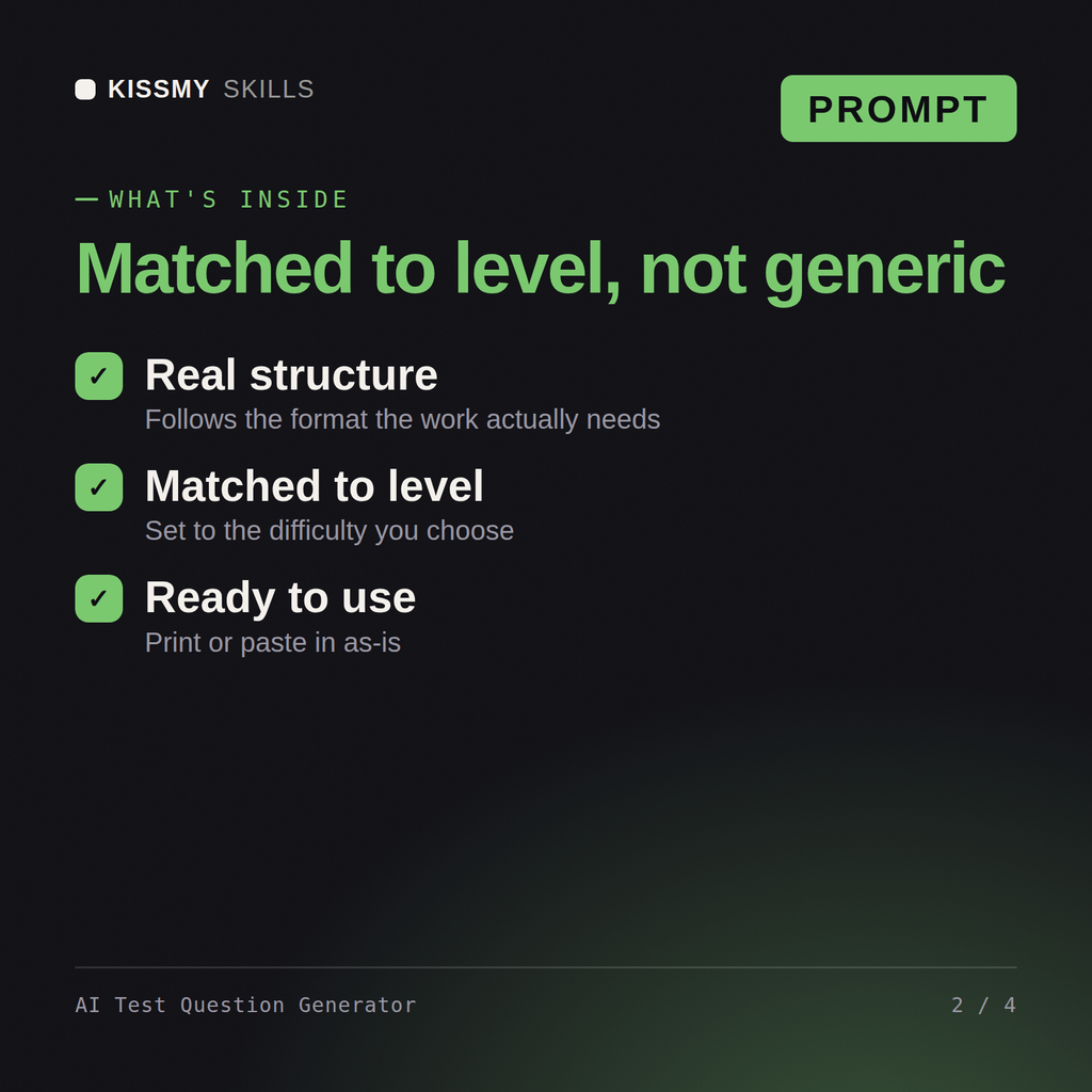What's inside the AI Test Question Generator AI prompt: Real structure, Matched to level, Ready to use