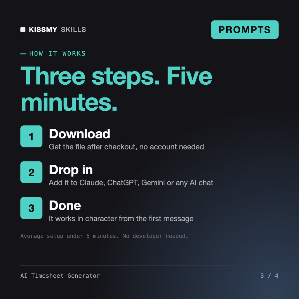 How the AI Timesheet Generator works in three steps: download, drop it into your AI chat, done