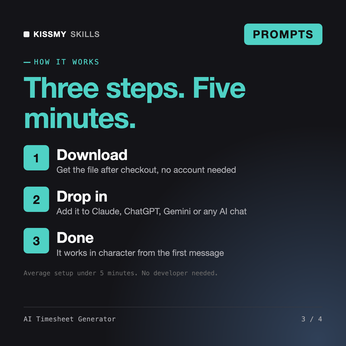 How the AI Timesheet Generator works in three steps: download, drop it into your AI chat, done