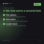 What's inside the Essay Titles AI skill: Title options, Tone match, Length check