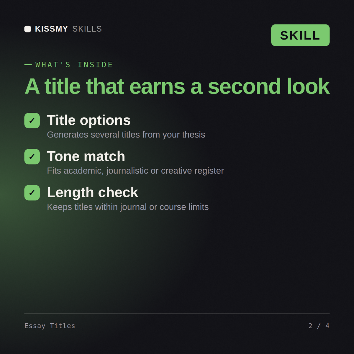 What's inside the Essay Titles AI skill: Title options, Tone match, Length check