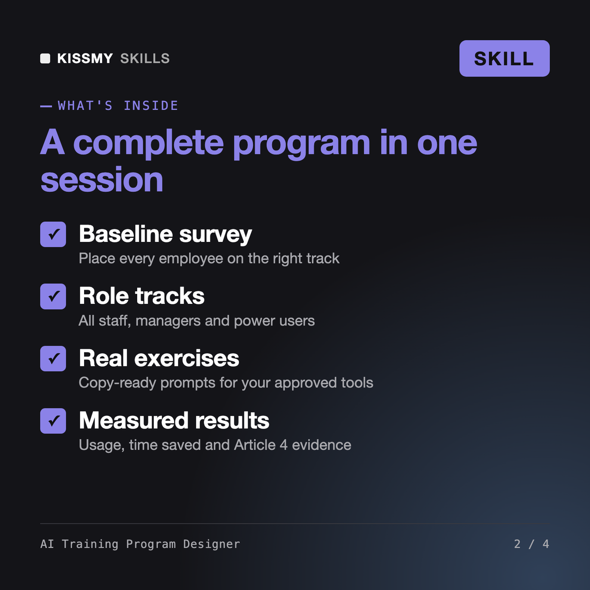 What's inside the AI Training Program Designer AI skill: Baseline survey, Role tracks, Real exercises, Measured results