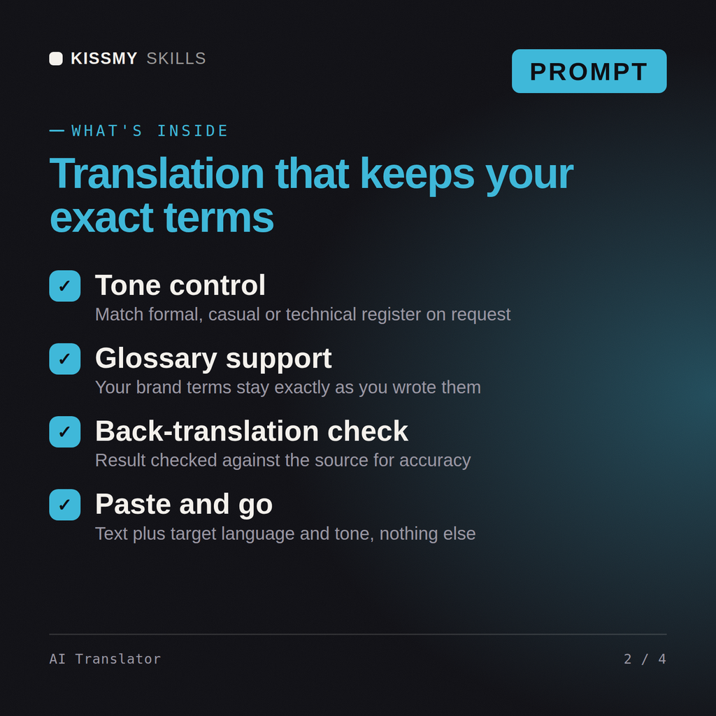 What's inside the AI Translator AI prompt: Tone control, Glossary support, Back-translation check, Paste and go