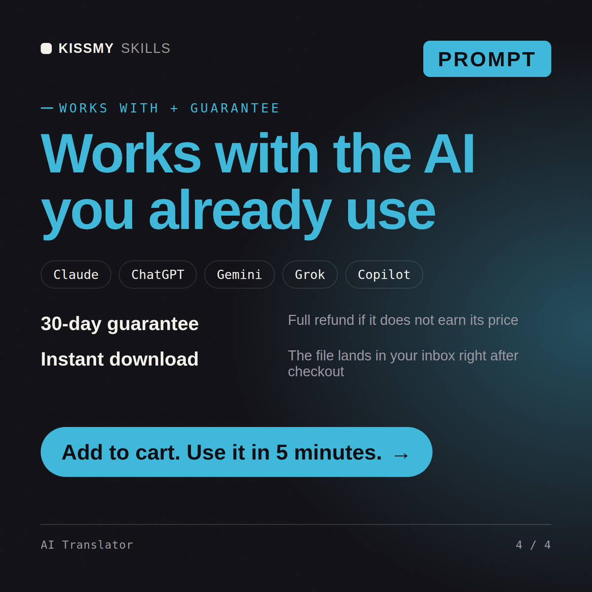 The AI Translator AI prompt works with Claude, ChatGPT, Gemini and any AI chat, 30-day money-back guarantee