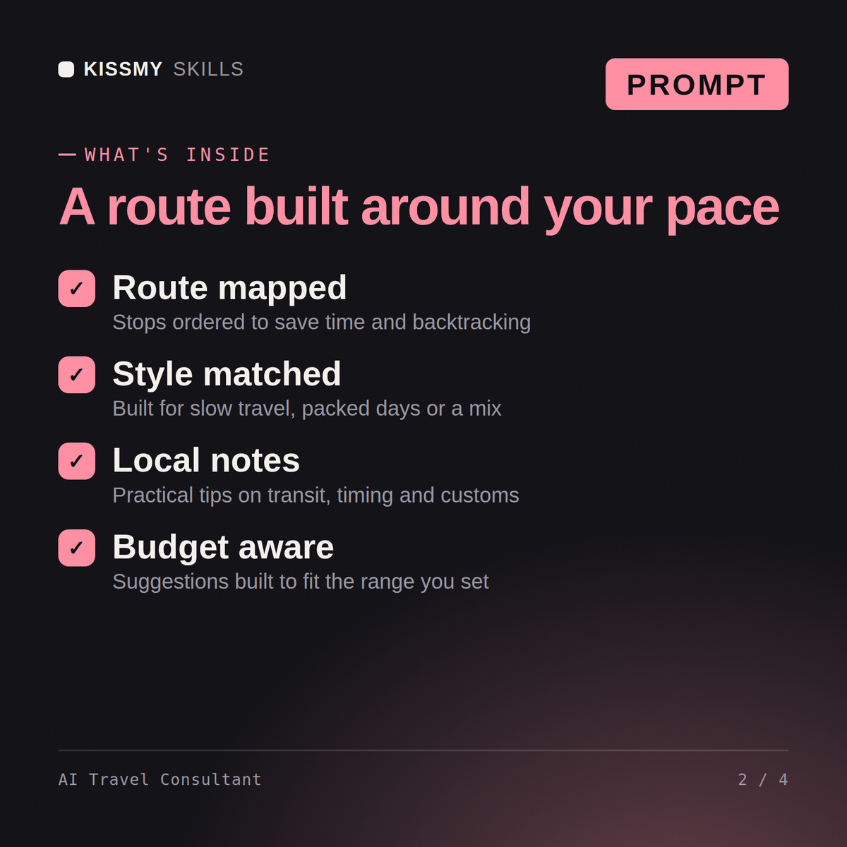 What's inside the AI Travel Consultant AI prompt: Route mapped, Style matched, Local notes, Budget aware