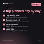 What's inside the AI Vacation Planner AI prompt: Day-by-day plan, Budget matched, Pace adjusted, Local tips