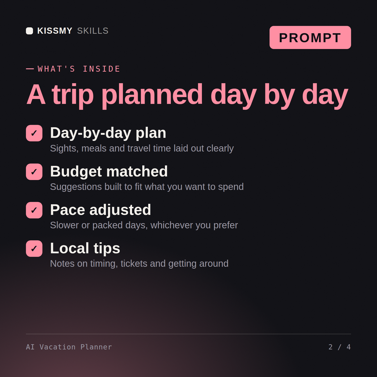 What's inside the AI Vacation Planner AI prompt: Day-by-day plan, Budget matched, Pace adjusted, Local tips
