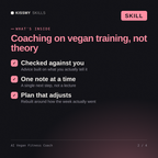 What's inside the AI Vegan Fitness Coach AI skill: Checked against you, One note at a time, Plan that adjusts