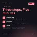 How the AI Vegan Fitness Coach AI skill works in three steps: download, drop it into your AI chat, done