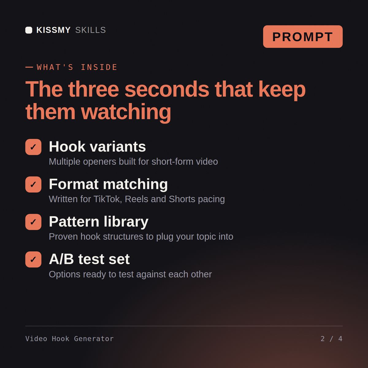 What's inside the Video Hook Generator AI prompt: Hook variants, Format matching, Pattern library, A/B test set