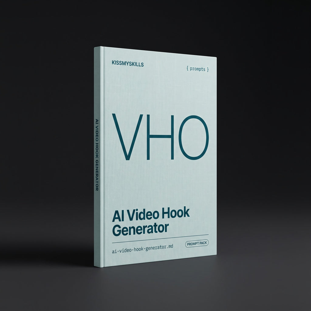 Video Hook Generator prompts for Claude by KissMySkills, pale sea-glass bookcloth cover with the monogram VHO