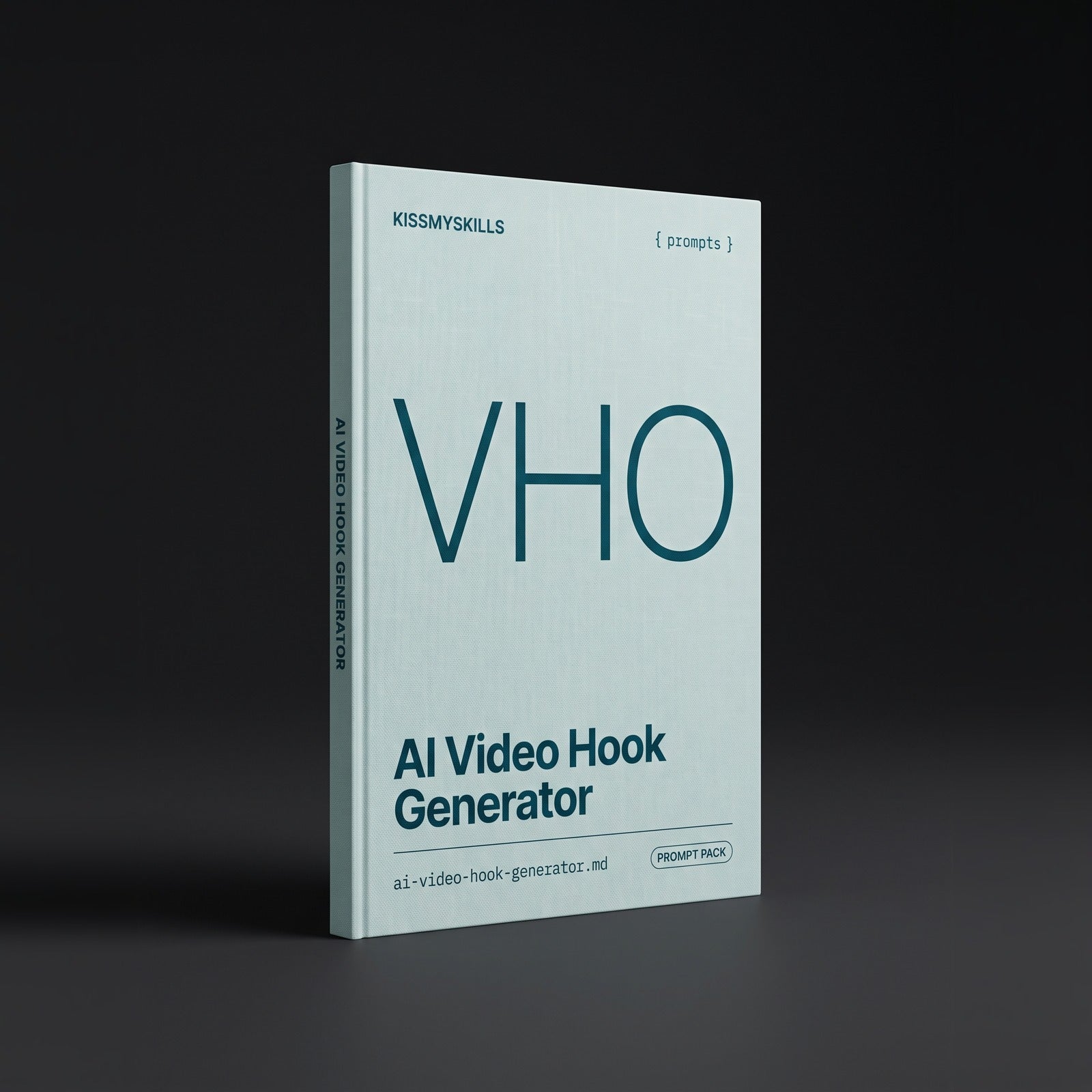 Video Hook Generator prompts for Claude by KissMySkills, pale sea-glass bookcloth cover with the monogram VHO