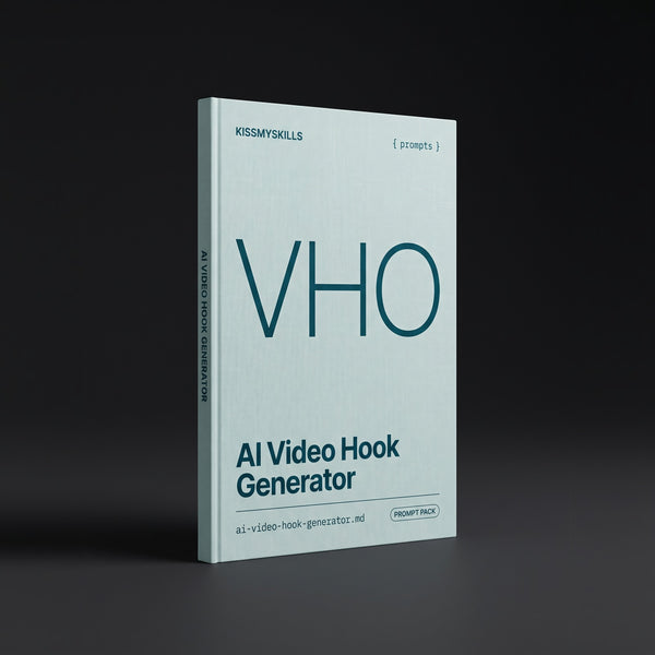 Video Hook Generator prompts for Claude by KissMySkills, pale sea-glass bookcloth cover with the monogram VHO
