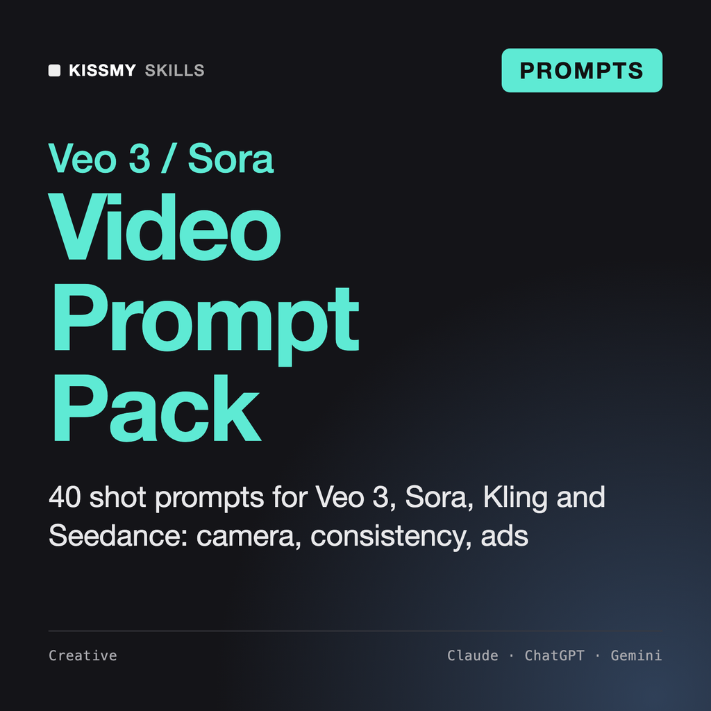 AI Video Prompt Pack (Veo 3, Sora, Kling, Seedance) by KissMySkills, cover