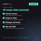 What's inside the AI Video Prompt Pack (Veo 3, Sora, Kling, Seedance): Camera moves, Image to video, Dialogue and audio, Ads and UGC