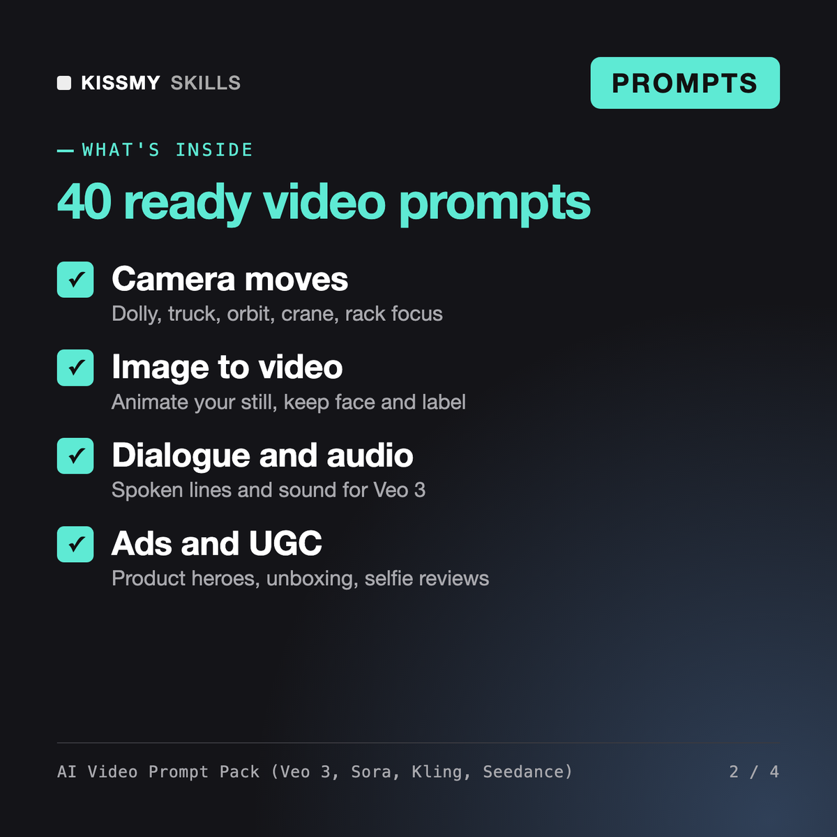 What's inside the AI Video Prompt Pack (Veo 3, Sora, Kling, Seedance): Camera moves, Image to video, Dialogue and audio, Ads and UGC