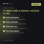 What's inside the AI Villain OC Maker AI prompt: Real motivation, Clear methods, Character arc, One description