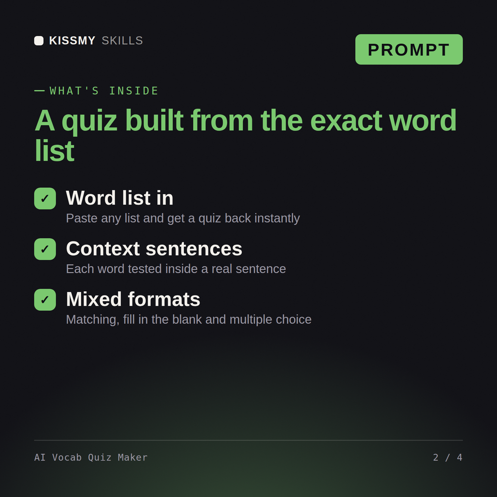 What's inside the AI Vocab Quiz Maker AI prompt: Word list in, Context sentences, Mixed formats