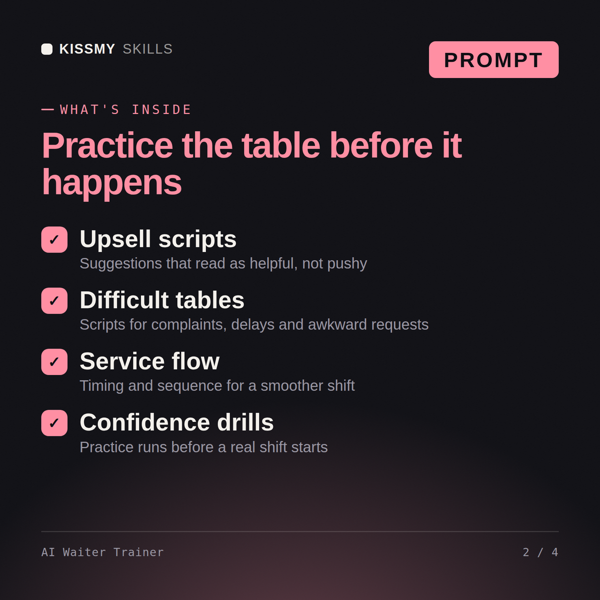 What's inside the AI Waiter Trainer AI prompt: Upsell scripts, Difficult tables, Service flow, Confidence drills