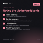 What's inside the AI Wellbeing Check-in AI skill: Mood tracking, Gentle prompts, Coping ideas, Weekly summary