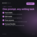 What's inside the AI Writer AI prompt: Fast drafts, Edit mode, Tone presets, Format flexible