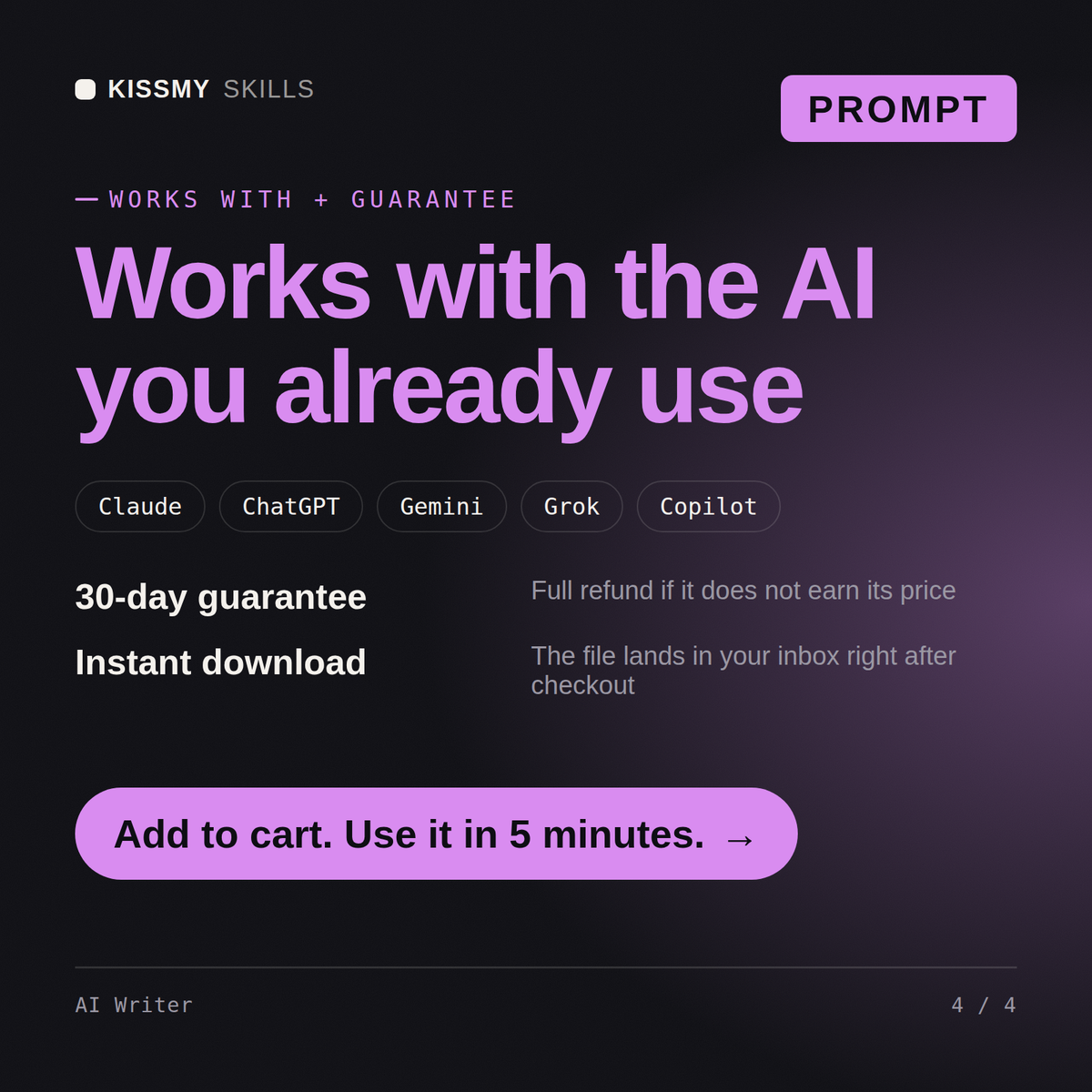 The AI Writer AI prompt works with Claude, ChatGPT, Gemini and any AI chat, 30-day money-back guarantee