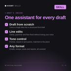 What's inside the AI Writing Assistant AI skill: Draft from scratch, Line edits, Tone control, Any format