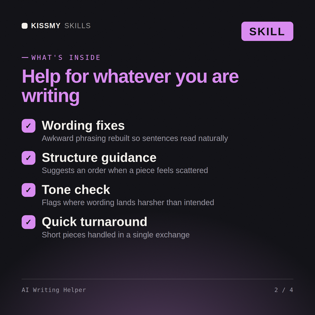 What's inside the AI Writing Helper AI skill: Wording fixes, Structure guidance, Tone check, Quick turnaround