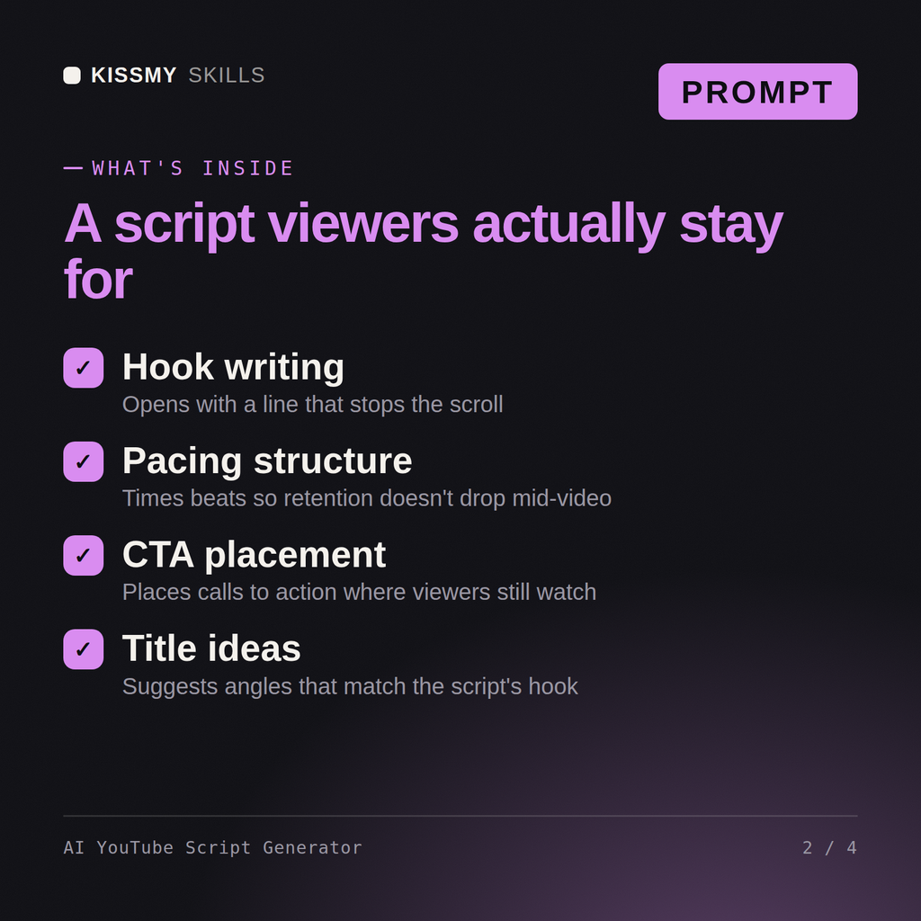 What's inside the AI YouTube Script Generator AI prompt: Hook writing, Pacing structure, CTA placement, Title ideas