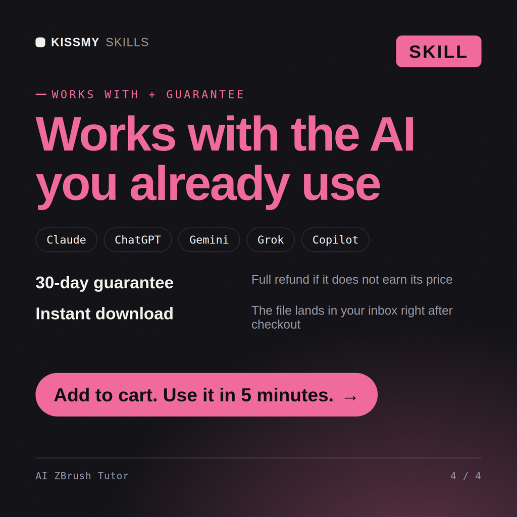 The AI ZBrush Tutor AI skill works with Claude, ChatGPT, Gemini and any AI chat, 30-day money-back guarantee