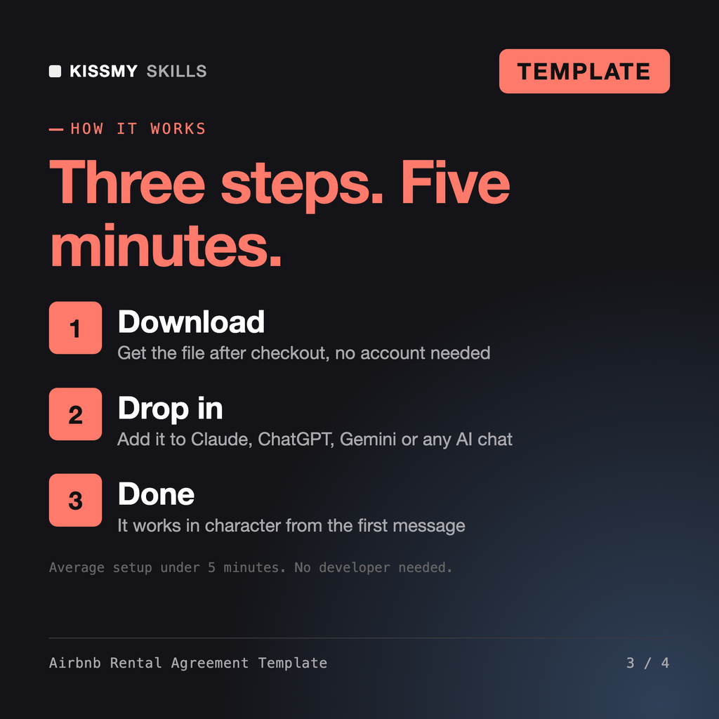 How the Airbnb Rental Agreement Template - Short-Term Rental Agreement and House Rules works in three steps: download, drop it into your AI chat, done