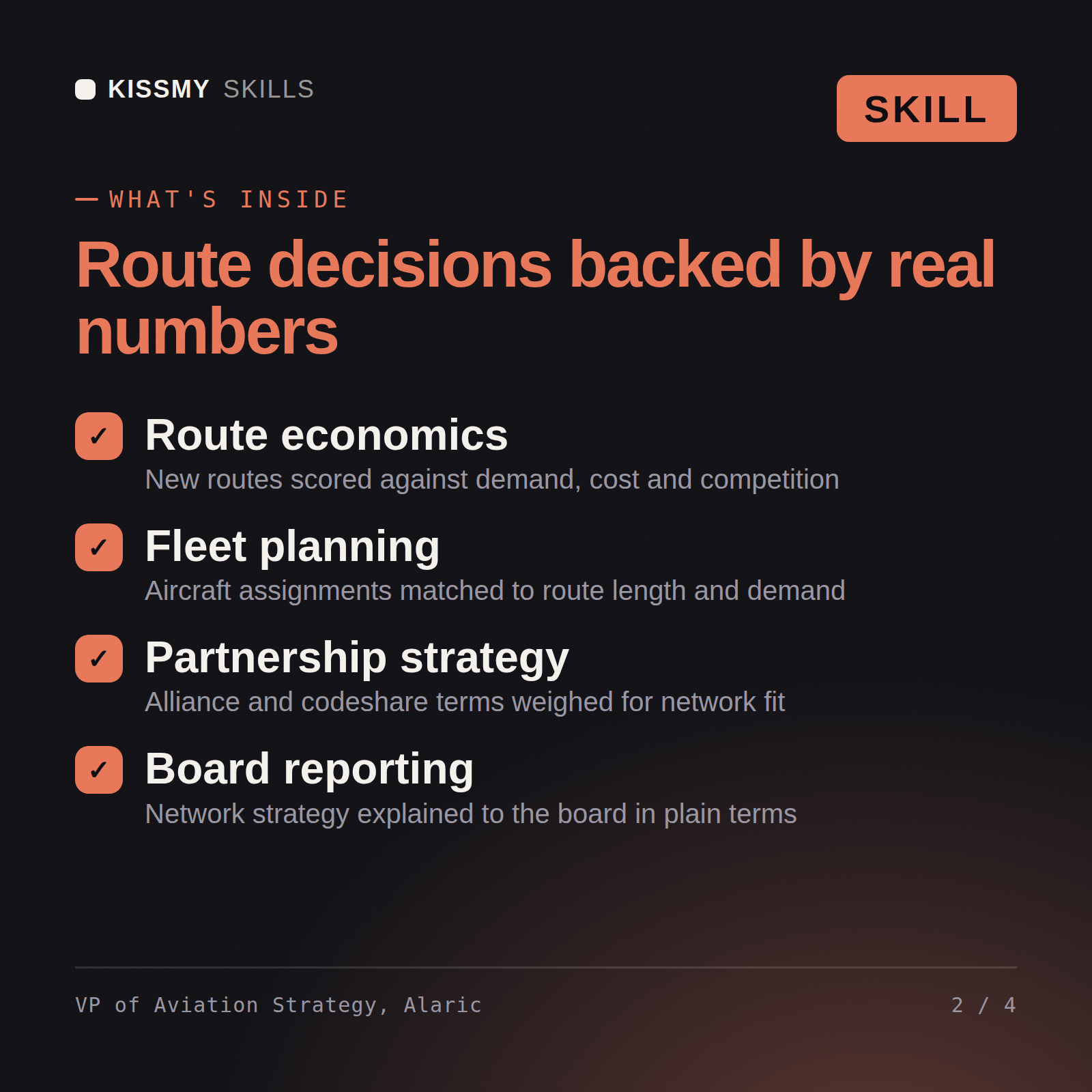 What's inside the VP of Aviation Strategy, Alaric AI skill: Route economics, Fleet planning, Partnership strategy, Board reporting