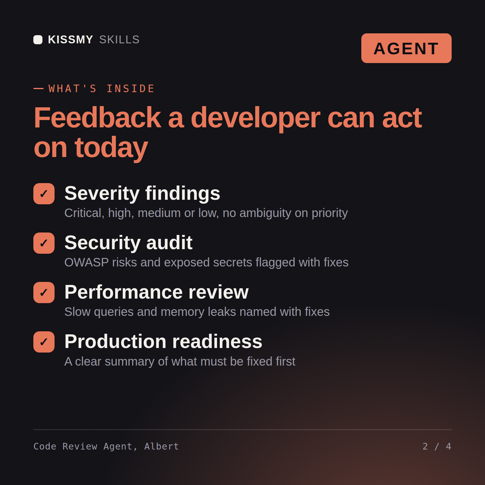What's inside the Code Review Agent, Albert AI agent: Severity findings, Security audit, Performance review, Production readiness