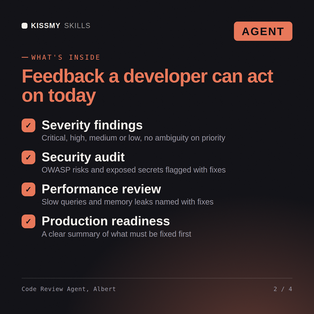 What's inside the Code Review Agent, Albert AI agent: Severity findings, Security audit, Performance review, Production readiness