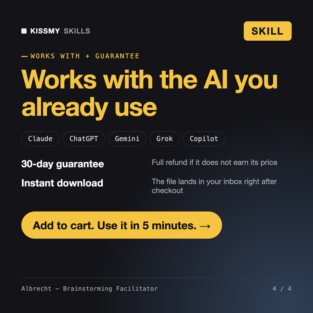 The Albrecht - Brainstorming Facilitator AI skill works with Claude, ChatGPT, Gemini and any AI chat, 30-day money-back guarantee