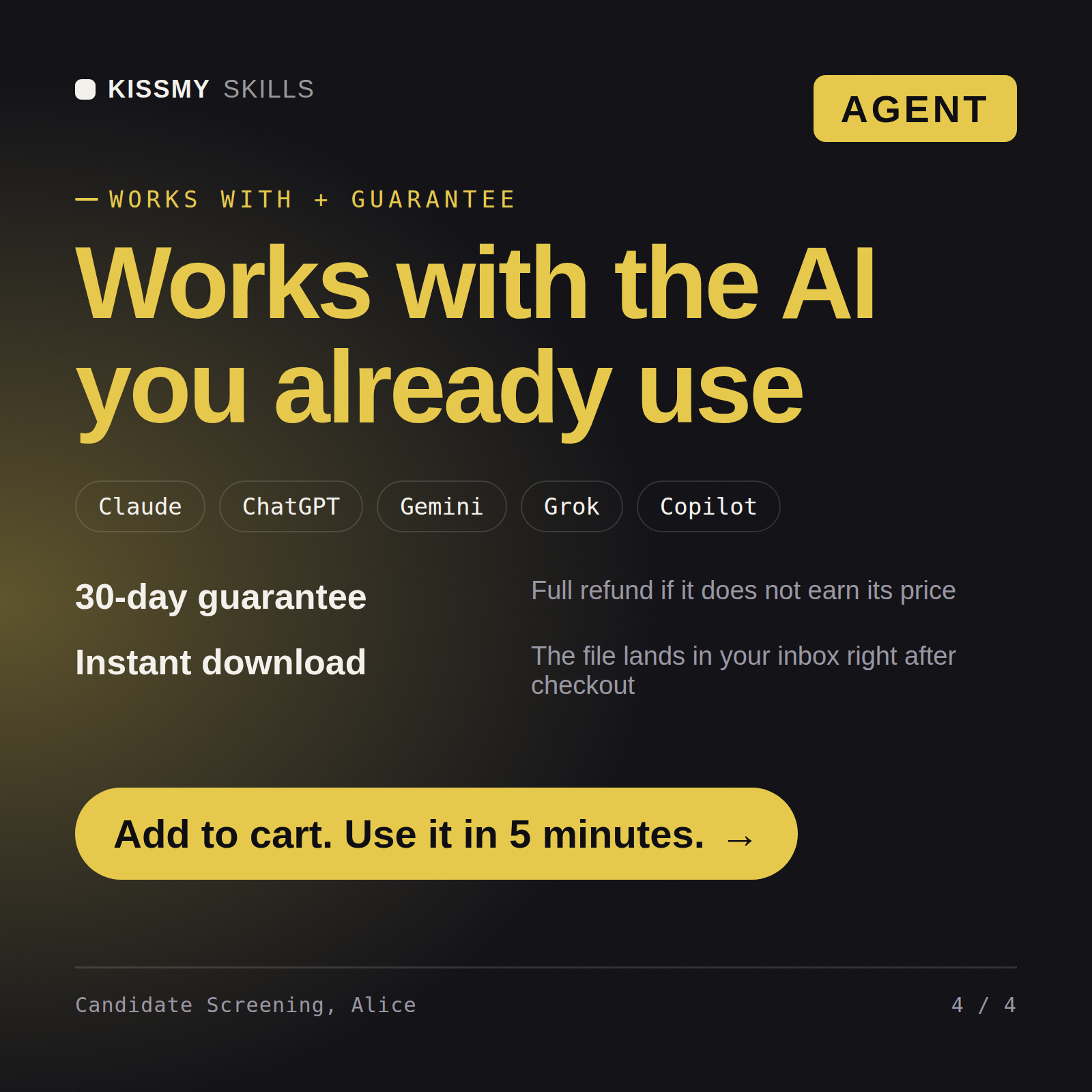 The Candidate Screening, Alice AI agent works with Claude, ChatGPT, Gemini and any AI chat, 30-day money-back guarantee
